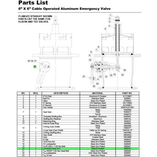 parts breakdown 6x6 cable-operated for steel e-coated lever arm